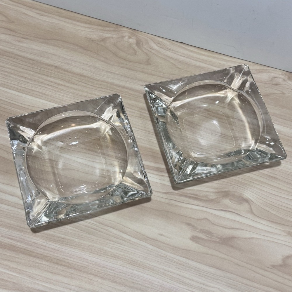 Vintage Heavy Clear Glass Ashtrays Square 4.5" Cigarette, Cigar Ashtray Lot Of 2